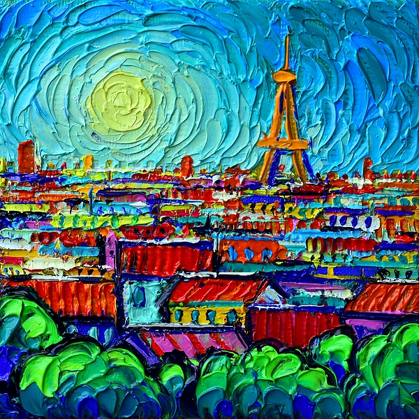 Ana Maria Edulescu - PARIS SUN mini abstract cityscape impasto palette knife oil painting on 3D canvas Ana Maria Edulescu