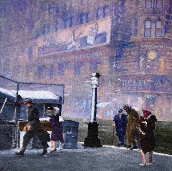 Joe Vella - Pedestrians enduring a snowstorm on 43rd Street and Broadway. New York City 1937.