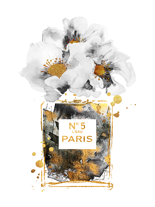 Perfume bottle with white flowers and golden splashes Sticker by Mihaela  Pater - Pixels