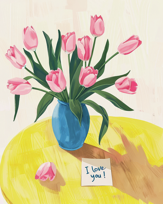 Sevildzhan Hasan - Pink Tulips in a Blue Vase With a Love Note