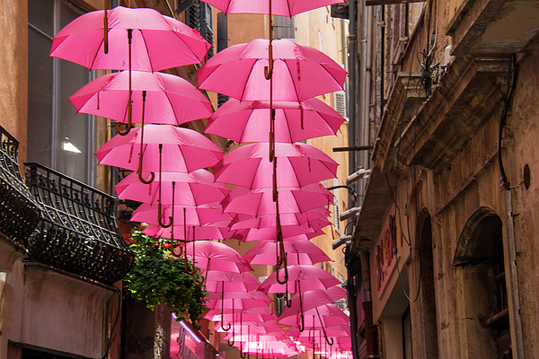 Brigitta Diaz - Pink umbrellas filling the space between buildings