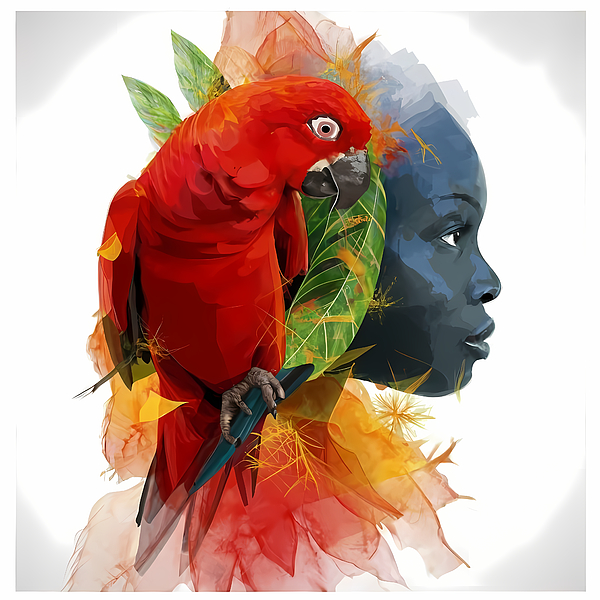 Jafeth Moiane - Portrait of an African Queen with scarlet parrot splendor,