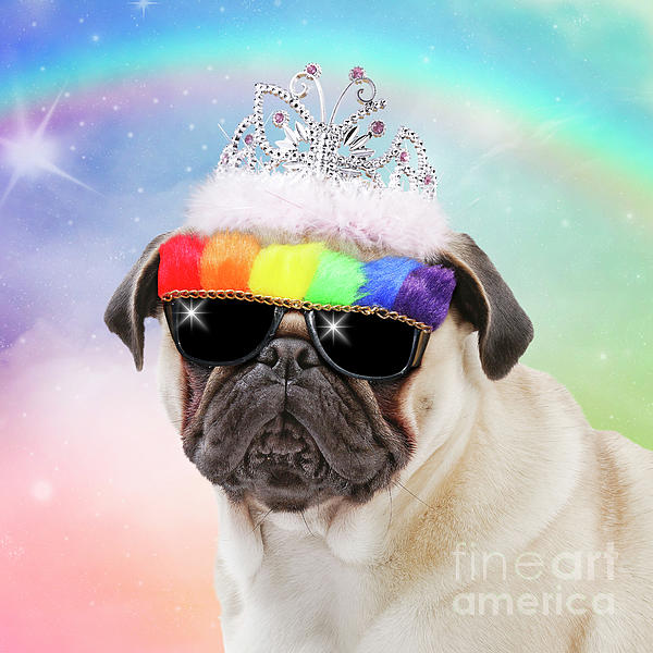 Pug dog wearing princess tiara and Rainbow sunglasses Greeting Card by  Jean-Michel Labat