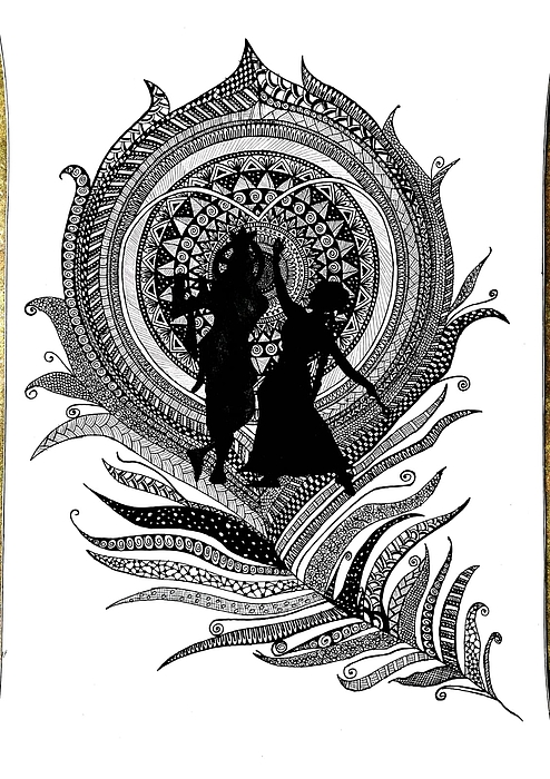 Drawing of Lord Krishna Sign and Symbol of Colorful Flute with Peacock  Feather on Black Background Stock Vector - Illustration of bird, folk:  175129639