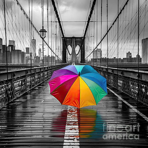 Elisabeth Lucas - Rainbow Umbrella on Brooklyn Bridge