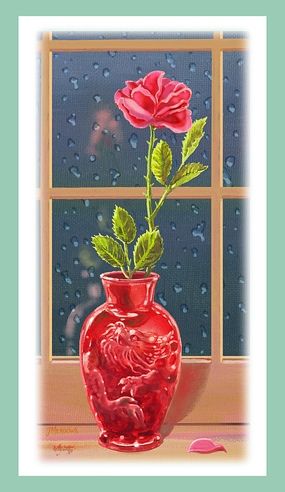 J L Meadows - Rainy Day Red Rose In A Chinese Dragon Vase
