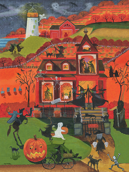Pumpkin Red Barn Folk Art On Canvas by Cheryl Bartley Print