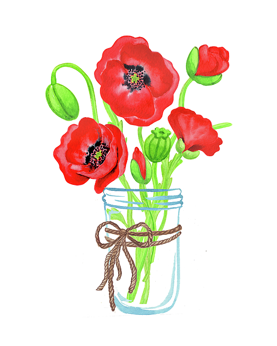 Irina Sztukowski - Red Poppies Bouquet In Glass Jar Botanical Watercolor 