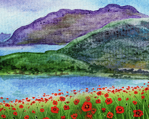 Irina Sztukowski - Red Poppies Field With River And Mountains Watercolor 