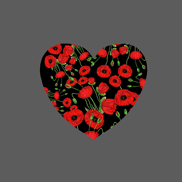 Irina Sztukowski - Red Poppies On Black Flower Heart Watercolor Art I 
