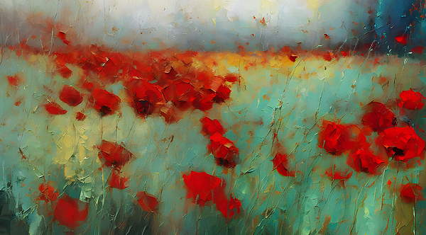 StellArt Studio - Red Poppy Flowers Field  In Semi Abstract Landscape Painting Sty