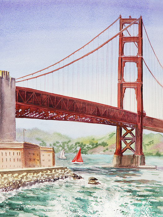 Irina Sztukowski - Red Sails Under The Golden Gate Beach Art Watercolor 