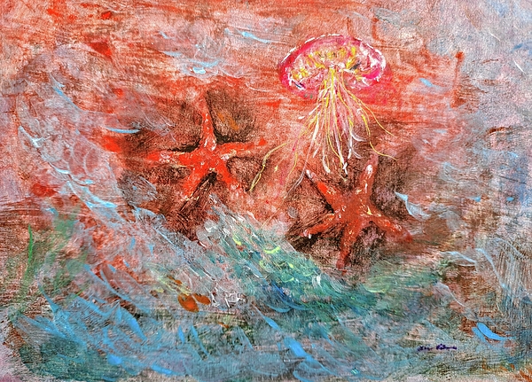 Lucia Waterson - Red starfish and jellyfish in the ocean 