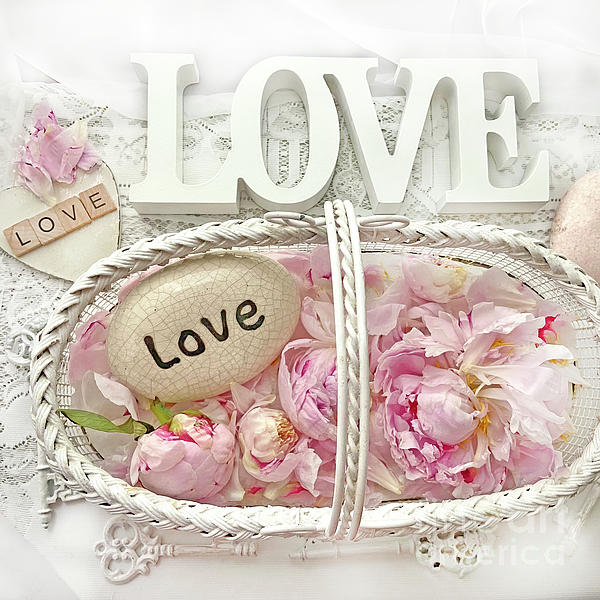 Romantic Shabby Chic Love Heart Basket of Pink Peonies Love Decor