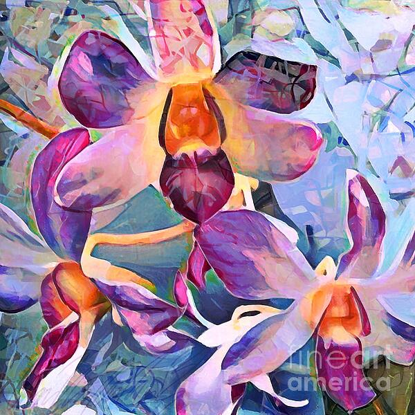 Lyn Voytershark - S - Purple Hued Orchids with Golden Throats Backlit with Facet Texture - Square