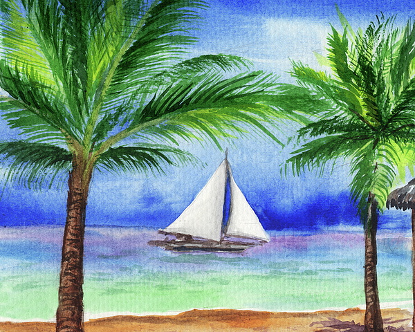Irina Sztukowski - Sailboat Beach Ocean Tropical Paradise Watercolor Landscape 