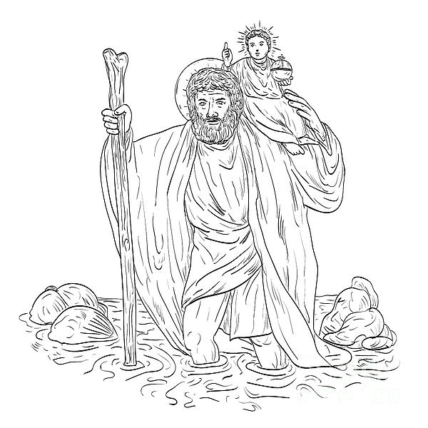Saint Christopher Carrying Child Jesus Crossing River Medieval Style ...