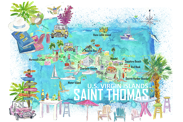 Saint Thomas USVI Illustrated Travel Map with Roads and Tourist