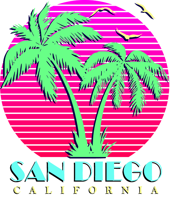 Retro San Diego California Sun Sand Surf Beach Palm Trees Maglietta 