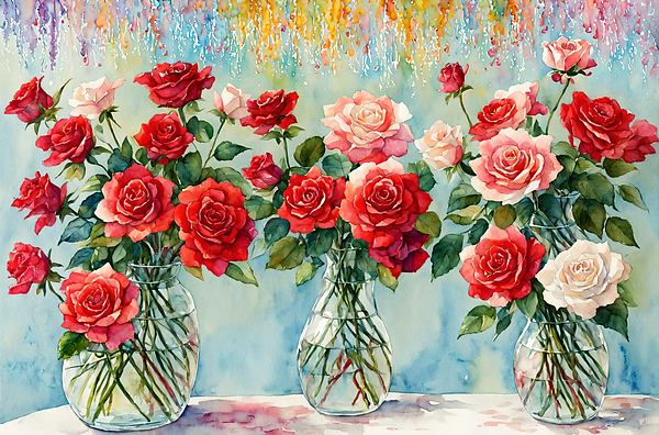 Delemore - Red and White Roses - A Watercolor Bouquet