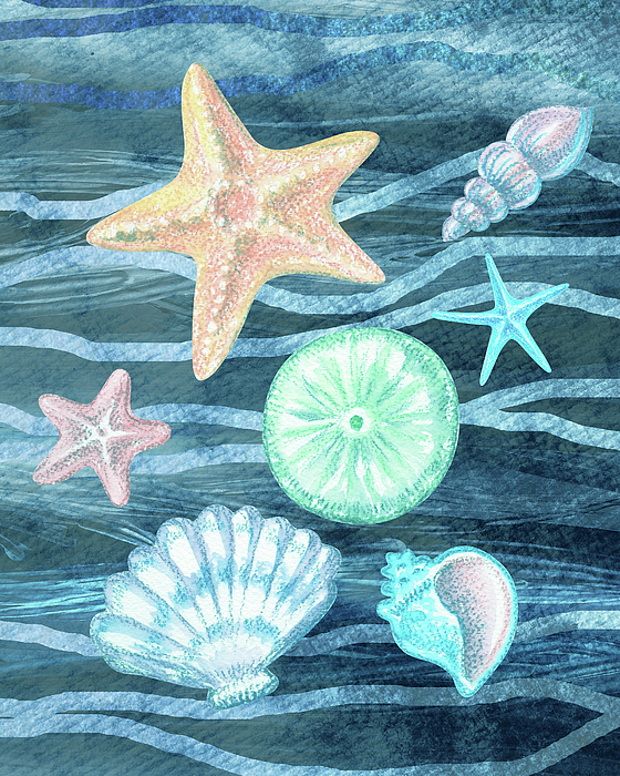 Irina Sztukowski - Sea Stars And Shells On Blue Waves Watercolor Beach Art Collection III