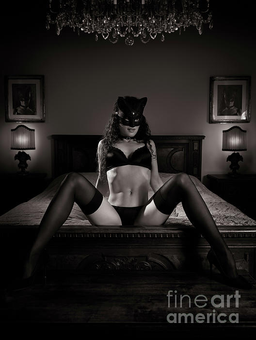 Sexy girl in cat mask black lingerie and stockings reclining on antique bed  Wall Art Print MXI33667 Greeting Card