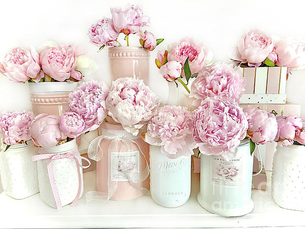 Shabby Chic Pastel Pink Peony Peonies Flowers In White Cottage Jars Paris Peony  Flowers Wall Decor Ornament by Kathy Fornal - Pixels