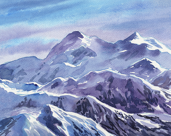 Snowy Mountains Landscape In Blue And Purple Watercolor Tapestry