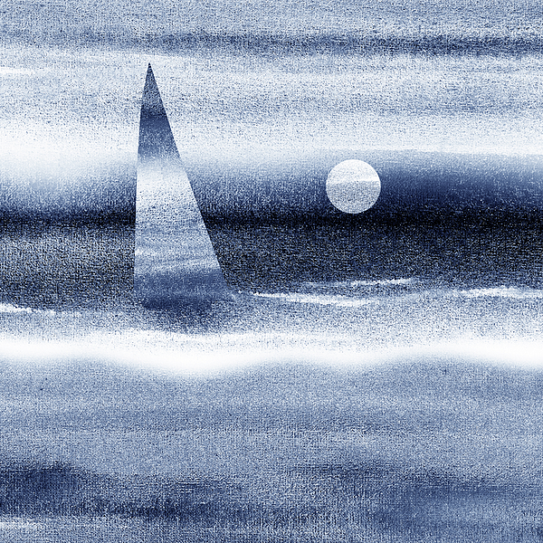 Irina Sztukowski -  Soft Blue Sunset Sailboat At The Ocean Shore Seascape Painting Beach House Watercolor II