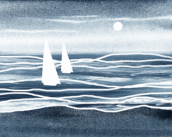 Irina Sztukowski - Soft Blue Sunset Sailboat At The Ocean Shore Seascape Painting Beach House Watercolor V