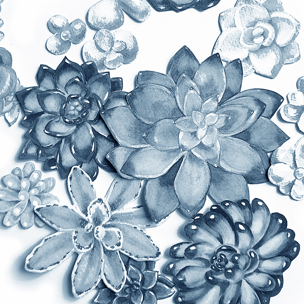 Irina Sztukowski - Soft Indigo Blue Succulent Plants Garden Watercolor Interior Art X