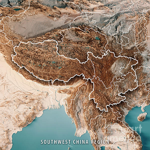 Southwest China Region 3d Render Topographic Map Neutral Border