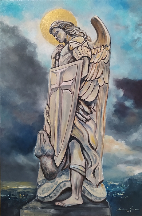 St Michael the Archangel Long Sleeve T-Shirt by Luke Karcz - Fine