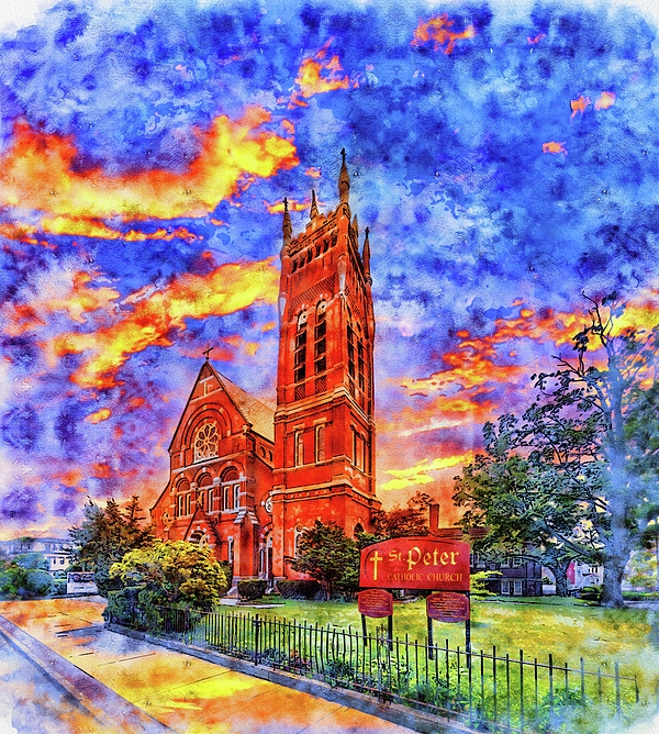 Nicko Prints - St. Peters Catholic Church in Worcester, Massachusetts, at sunset - pen and watercolor
