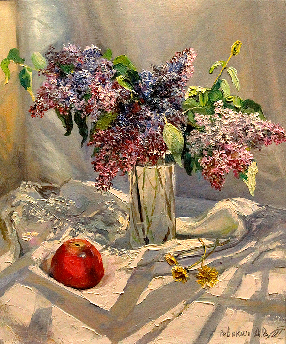 Still life with lilac and an apple. Oil painting Shower Curtain by