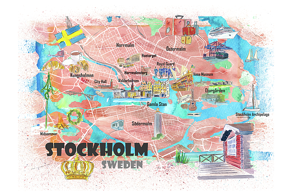 Stockholm Sweden Illustrated Map Roads Landmarks and Highlights Greeting Card by M Bleichner