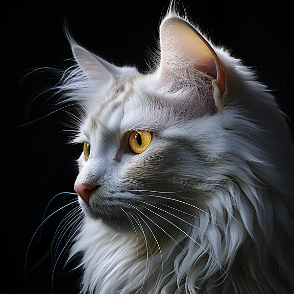 ShaytonAndCo - Studio portrait of a white Maine Coon cat in front of a black background
