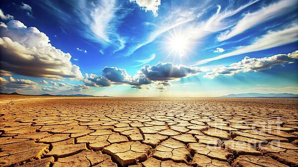 Odon Czintos - Sunlight beams down onto a parched earth where the ground is cracked and dry under a blue sky