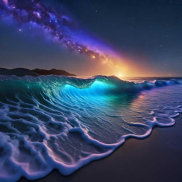 Marvin Anthony Designs - Sunset And Starry Night Sky Over A Dynamic Ocean With Cresting Turquoise Waves