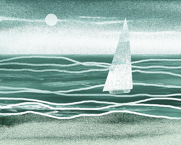Irina Sztukowski - Teal Blue Gray Sailboat At The Ocean Shore Seascape Painting Beach House Art IV