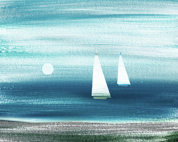 Irina Sztukowski - Teal Blue Gray Sailboats At The Ocean Shore Seascape Painting Beach House Art V