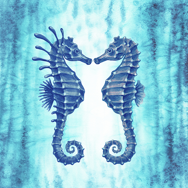 Irina Sztukowski - Teal Blue Ocean Two Seahorses Watercolor 