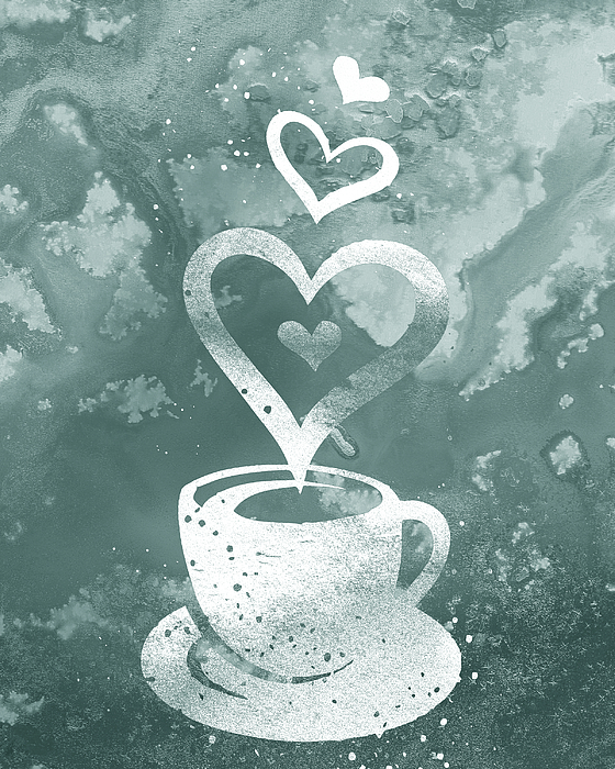 Irina Sztukowski - Teal Blue Silver Gray Watercolor Coffee Cup Cafe Art 