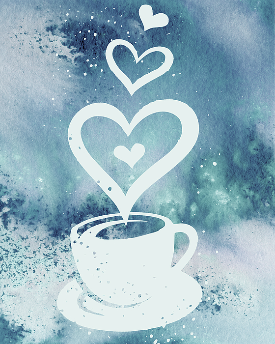 Irina Sztukowski - Teal Blue Splash Watercolor Coffee Cup Cafe Art 