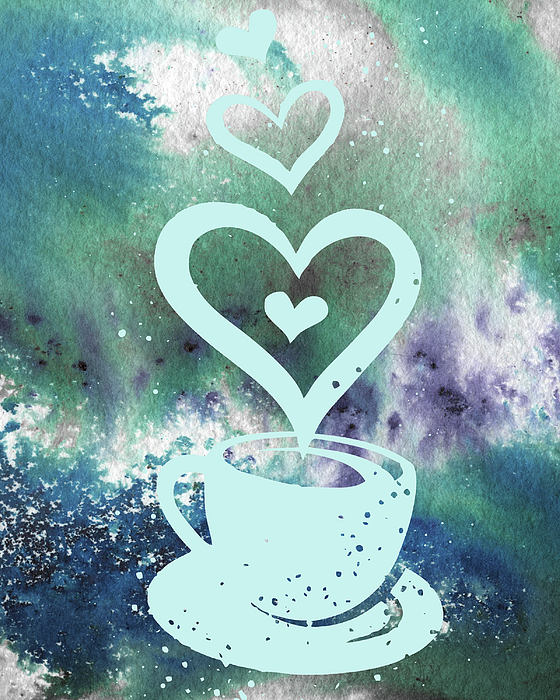Irina Sztukowski - Teal Blue Turquoise Watercolor Coffee Cup Cafe Art 