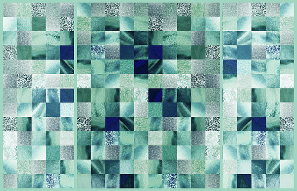 Irina Sztukowski - Teal Gray Green Gray Watercolor Squares Art Mosaic Quilt