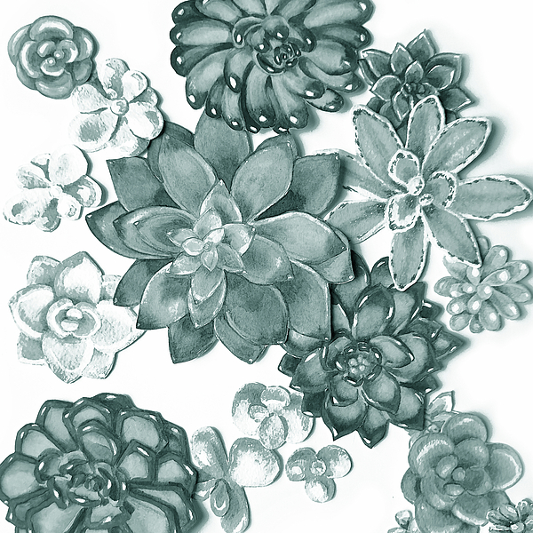 Irina Sztukowski - Teal Gray Succulent Plants Garden Watercolor Art Decor XI