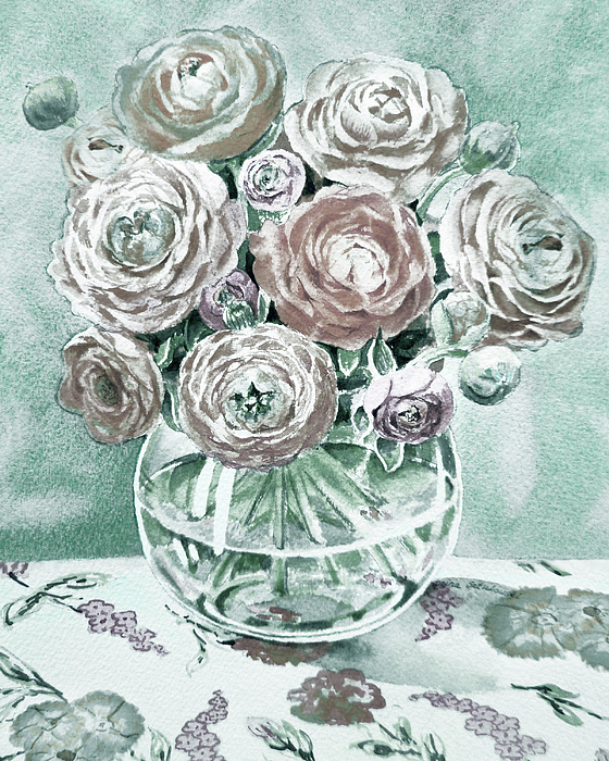 Irina Sztukowski - Teal Tone Watercolor Ranunculus Flowers Bouquet  