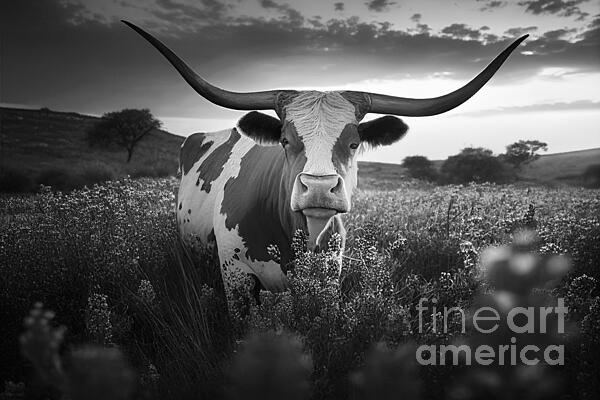 Delphimages Photo Creations - Texas Longhorn cow, black and white