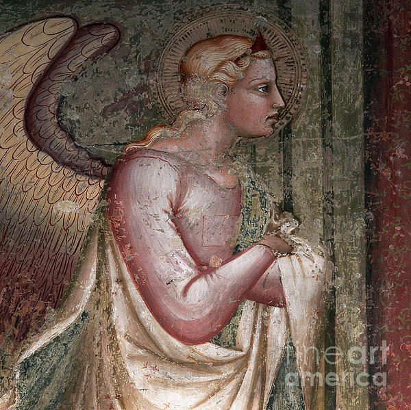 The Archangel Gabriel kneels with arms folded in Renaissance